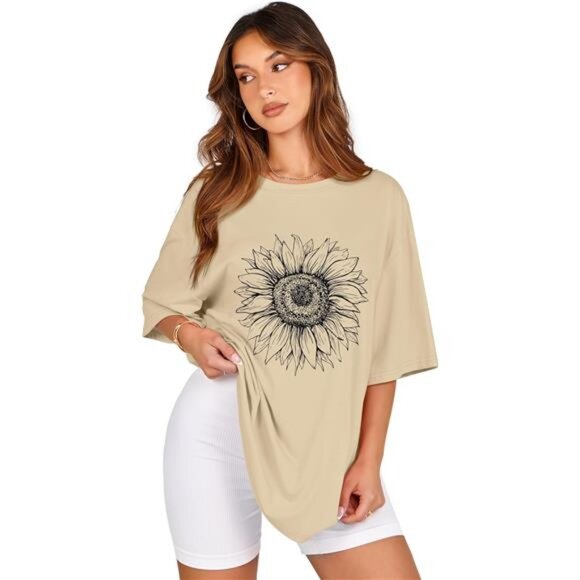 Womens Oversized Graphic T-Shirt - Crew Neck Summer Short Sleeve Loose Fit Top - Picture 3 of 7